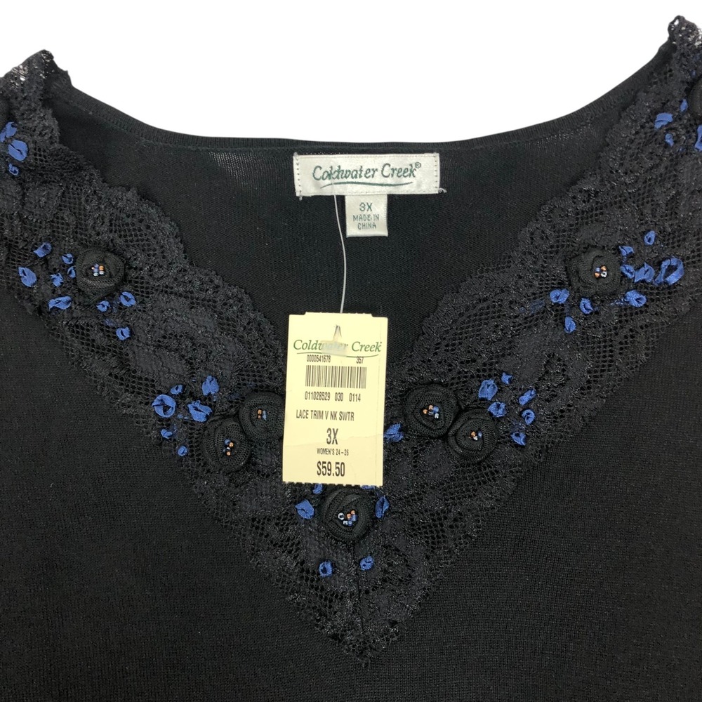 NWT Coldwater Creek Silk Embroidered Lace Trim Sweater Size 3X V-Neck Knit Top - Picture 7 of 8